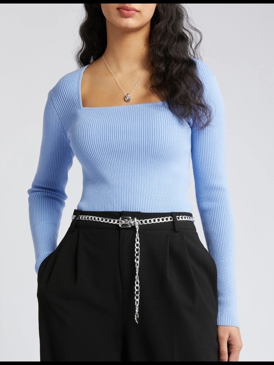 Open Edit Tops - Open Edit Ribbed Square-Neck Long Sleeve Top - Light Blue Size XS Minimalist